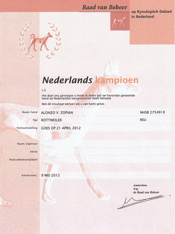 certificaat Nederlands Kampioenschap Alonzo
