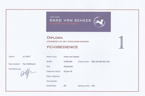 certificaat FCI Obedience 1 Ivana