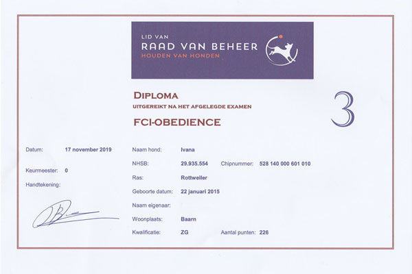 certificaat FCI Obedience 3 Ivana