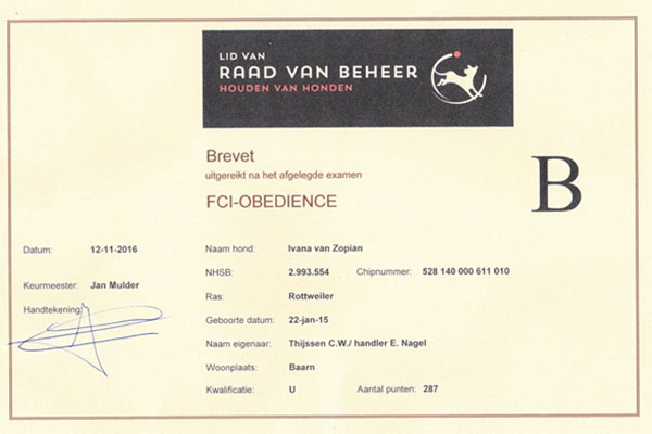 certificaat FCI Obedience B Ivana