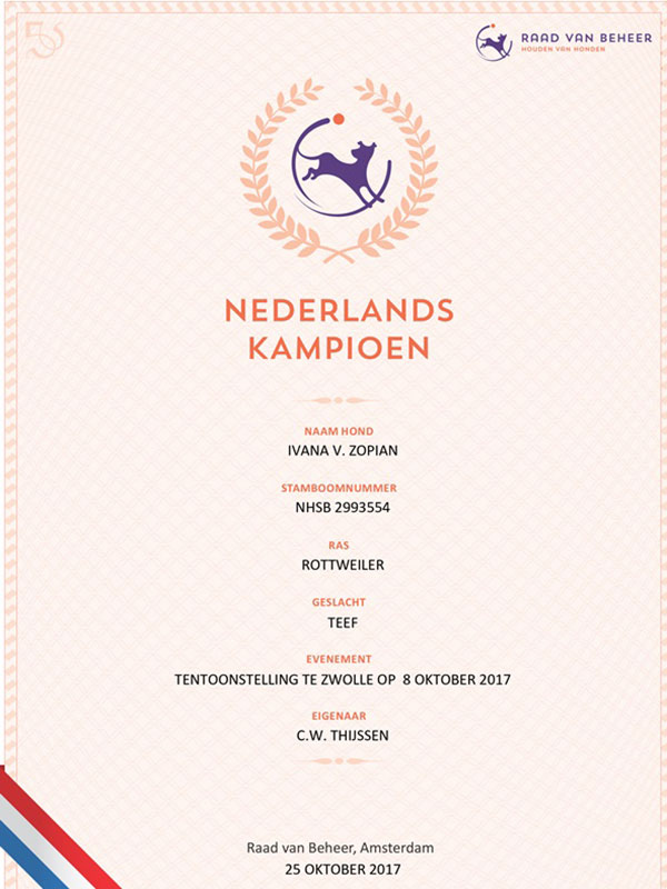 certificaat Nederlands Kampioenschap Ivana