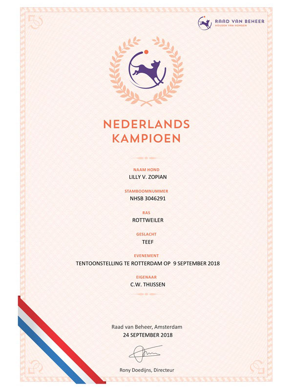 certificaat Nederlands kampioen Lilly