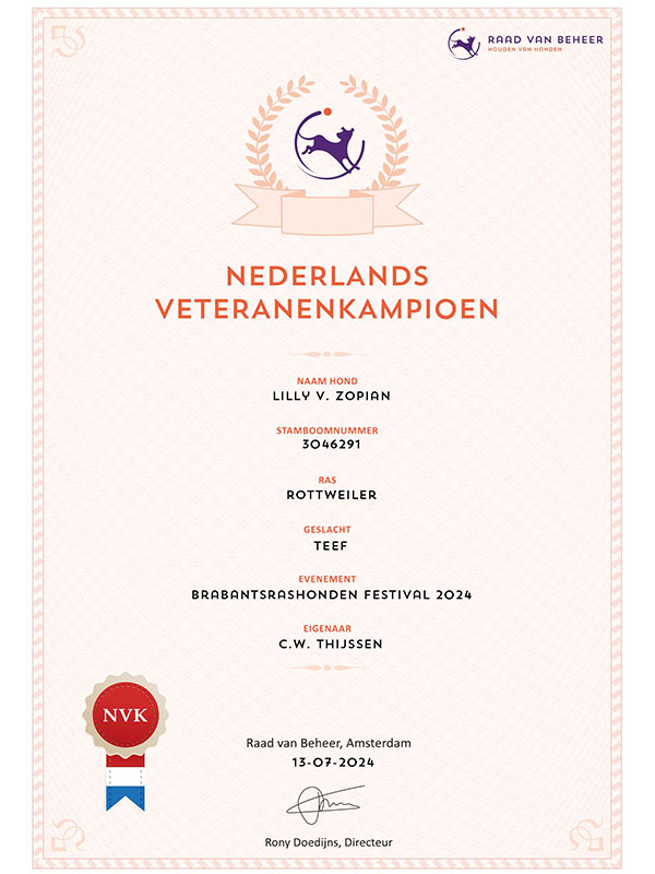 certificaat veteranenkampiioen Lilly